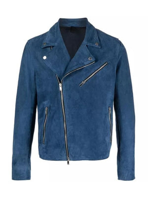 Blue Zipper Suede Leather Jacket, Blue Zing Apparel