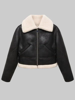 Womens-Shearling-Effect-Lined-Short-Leather-Jacket