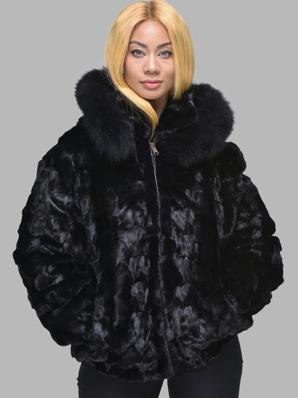 Carolina Mink Fur Bomber Jacket with Hood – Black