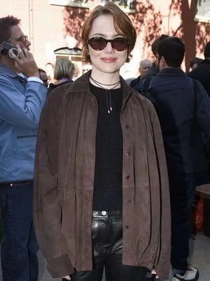 Emma Stone Bugonia Brown Suede Shirt USA Jackets