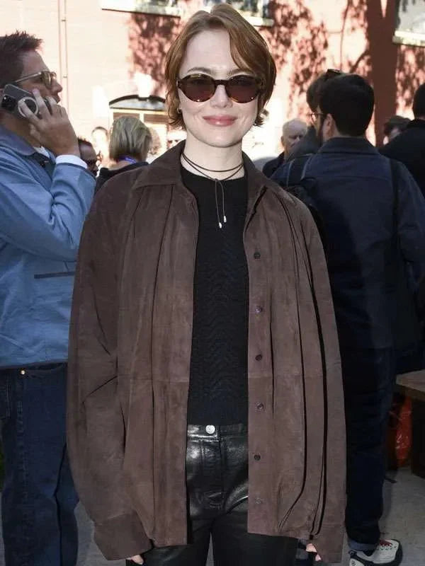 Emma Stone Bugonia Brown Suede Shirt USA Jackets