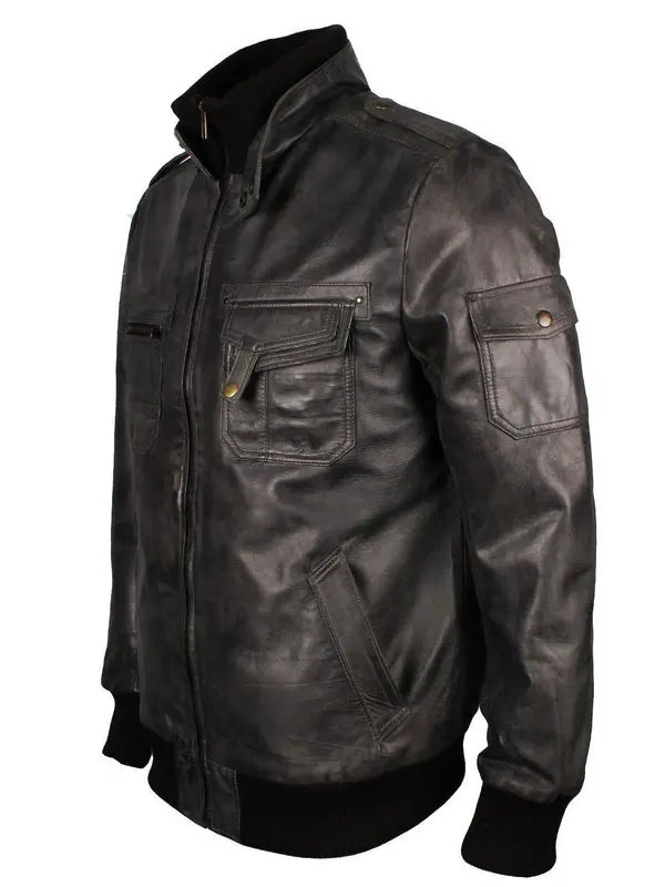 James Black Real Leather Bomber Jacket For Men