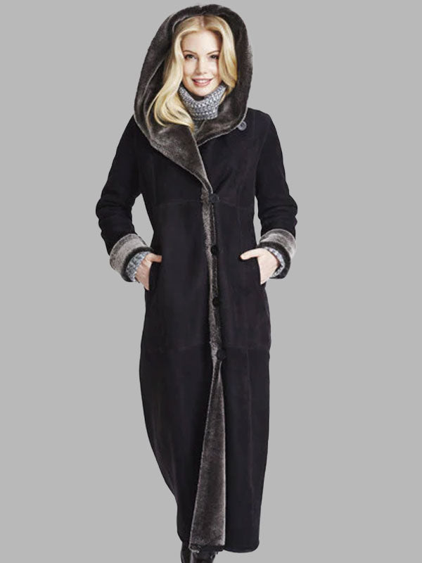 Patricia Black Long Hooded Shearling Coat
