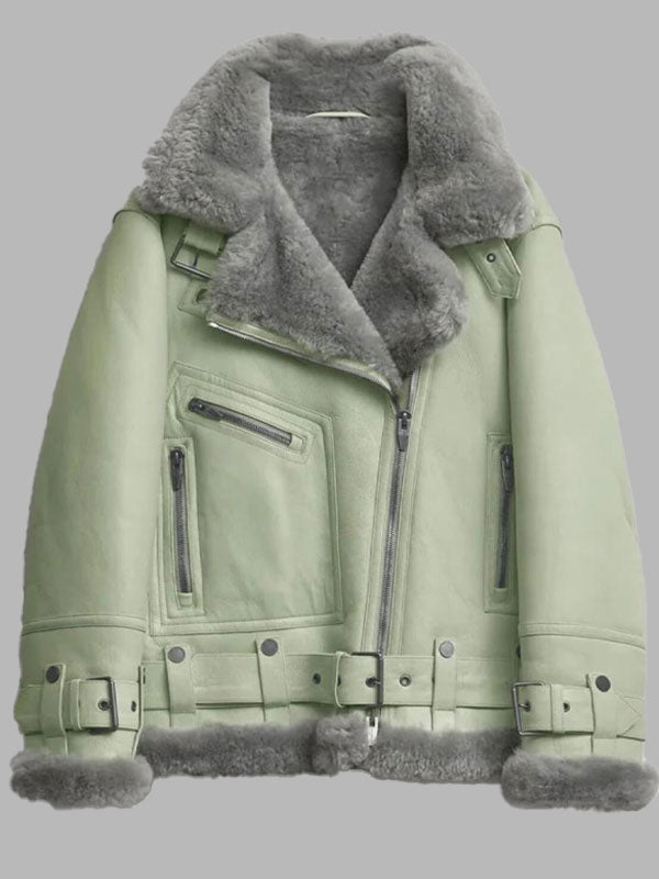 Women's Green Shearling Leather Bomber Jacket
