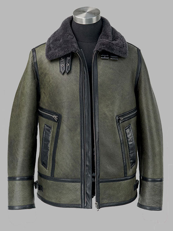 Men's Vintage Olive Green Shearling Turn Down Collar Jacket