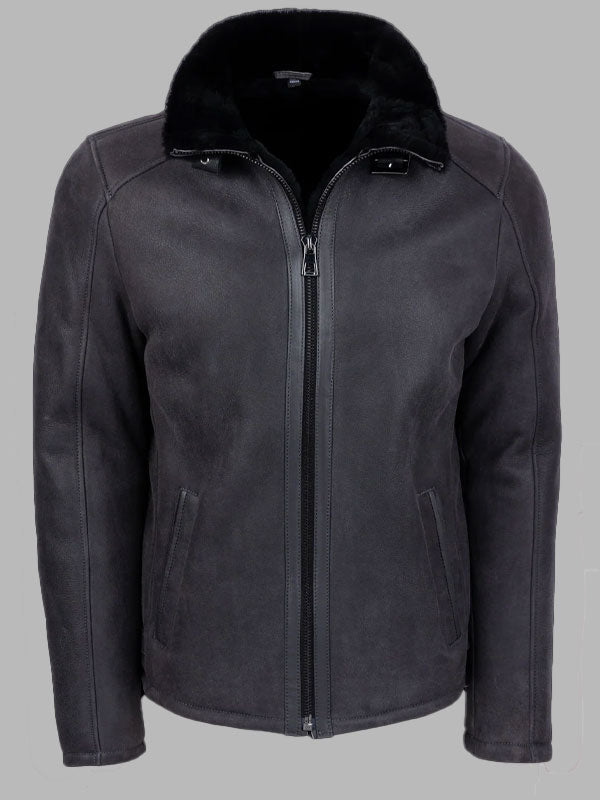 Men Dark Grey Vintage Shearling Jacket