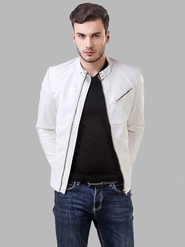Men's Faux Leather White Solid Biker Jacket
