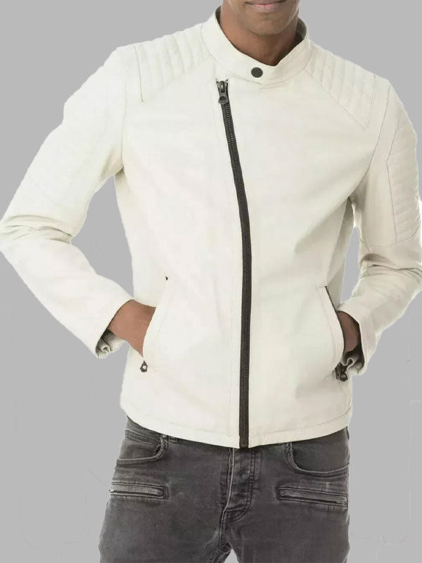 Men's White Real Lambskin Leather Motorcycle Jacket